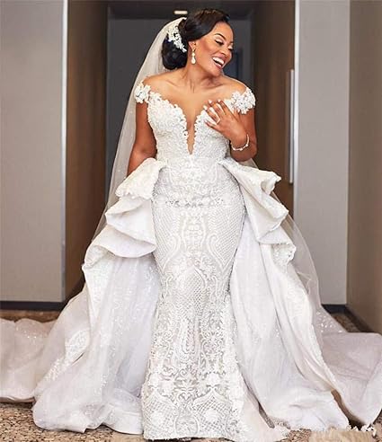 12 Elegant White Ivory Mermaid Wedding Dresses with Detachable Trains