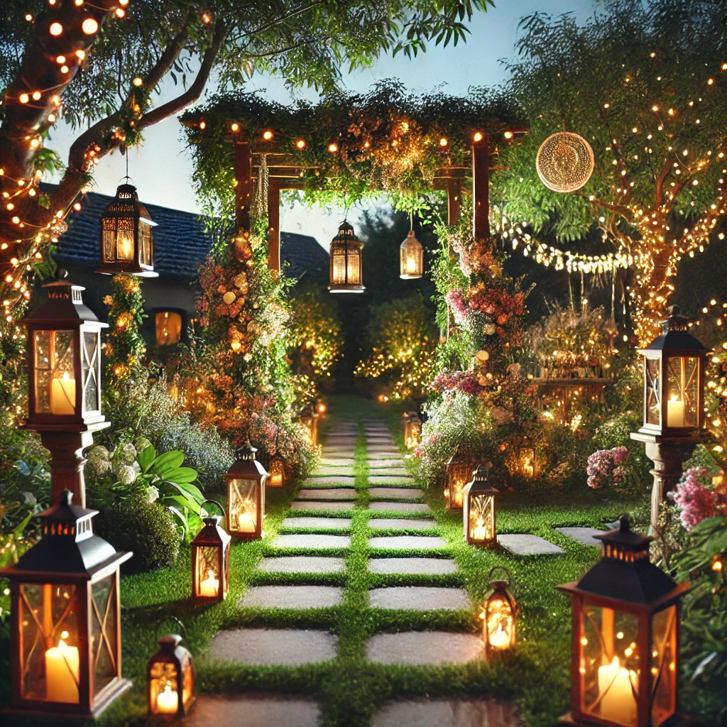 DALL·E 2025 03 13 15.00.14 A beautifully designed garden pathway illuminated by lanterns and fairy lights. The pathway is lined with rustic lanterns of varying sizes each glowi