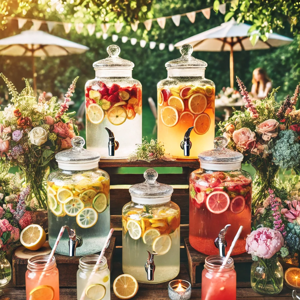 DALL·E 2025 03 14 14.25.26 A beautifully arranged outdoor garden party drink station featuring glass beverage dispensers filled with colorful fruit infused water lemonade and